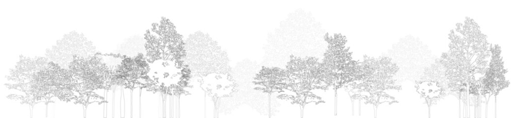 Aufkleber - Architectural Drawings, Minimal style cad tree line drawing, Side view, set of section wetland forest outline for landscape design drawing. Vector illustration in seperate element