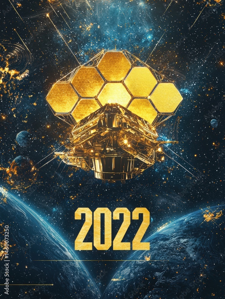 A golden spacecraft is depicted soaring through the depths of space, surrounded by vibrant galaxies and celestial bodies.