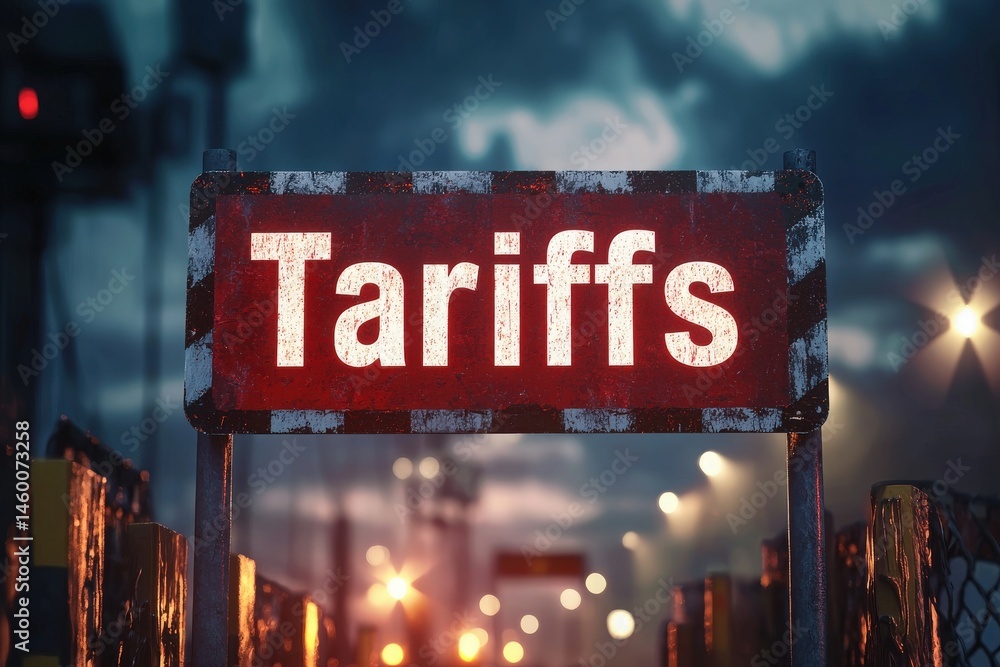 A weathered sign reading tariffs is prominently displayed in a dimly lit area, symbolizing trade regulations and their impact on commerce. The setting evokes a sense of urgency and importance.