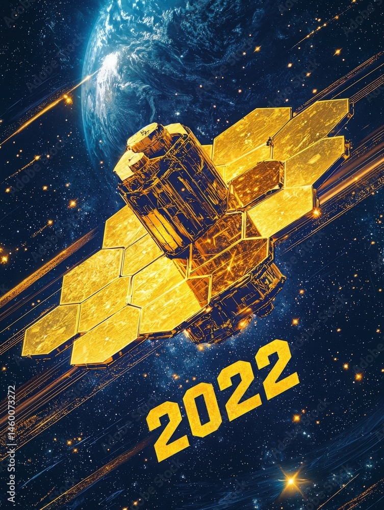 A space telescope with striking golden mirrors orbits Earth, showcasing a cosmic backdrop filled with stars and the planets silhouette. This stunning vision captures the future of astronomy.