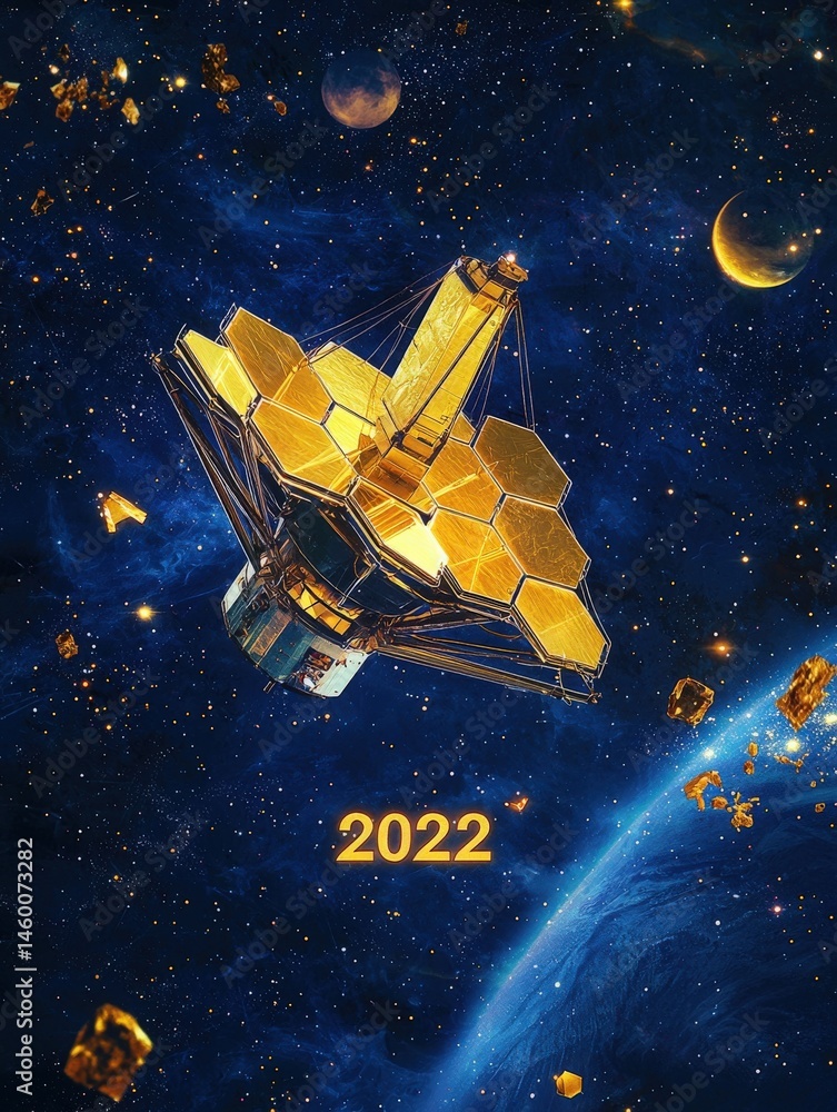 A metallic spacecraft with golden hexagonal panels maneuvers through a vivid blue and black cosmic landscape filled with stars, asteroids, and planets, capturing the essence of exploration in 2022.