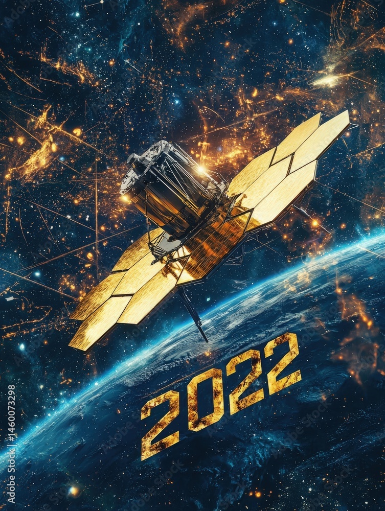 A detailed satellite equipped with golden solar panels orbits Earth, surrounded by vibrant cosmic patterns and bright stars, conveying a sense of advanced technology and exploration in 2022.