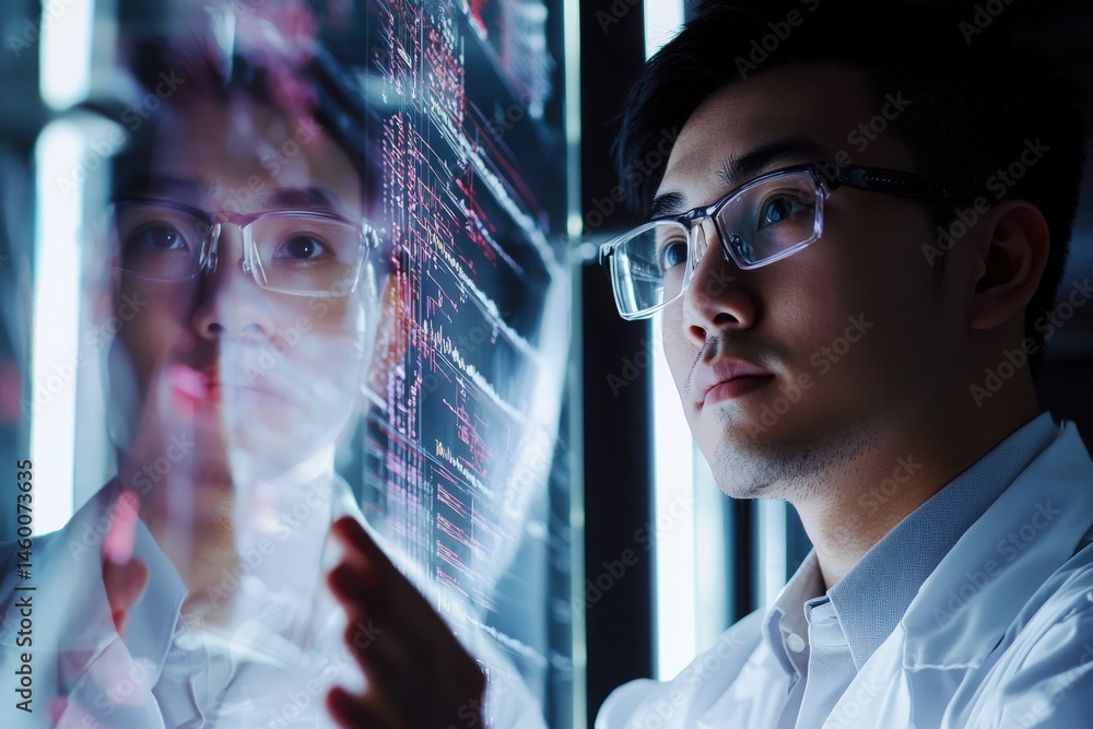 A researcher in a white lab coat examines a digital display filled with complex data and statistics. The setting features sleek equipment and neon lighting, creating a futuristic atmosphere.