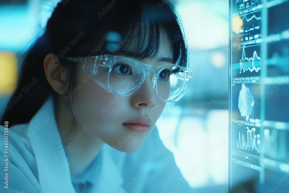 A dedicated scientist with clear glasses examines digital data screens in a modern laboratory. The atmosphere is filled with blue light, highlighting the intricate graphs and charts displayed.