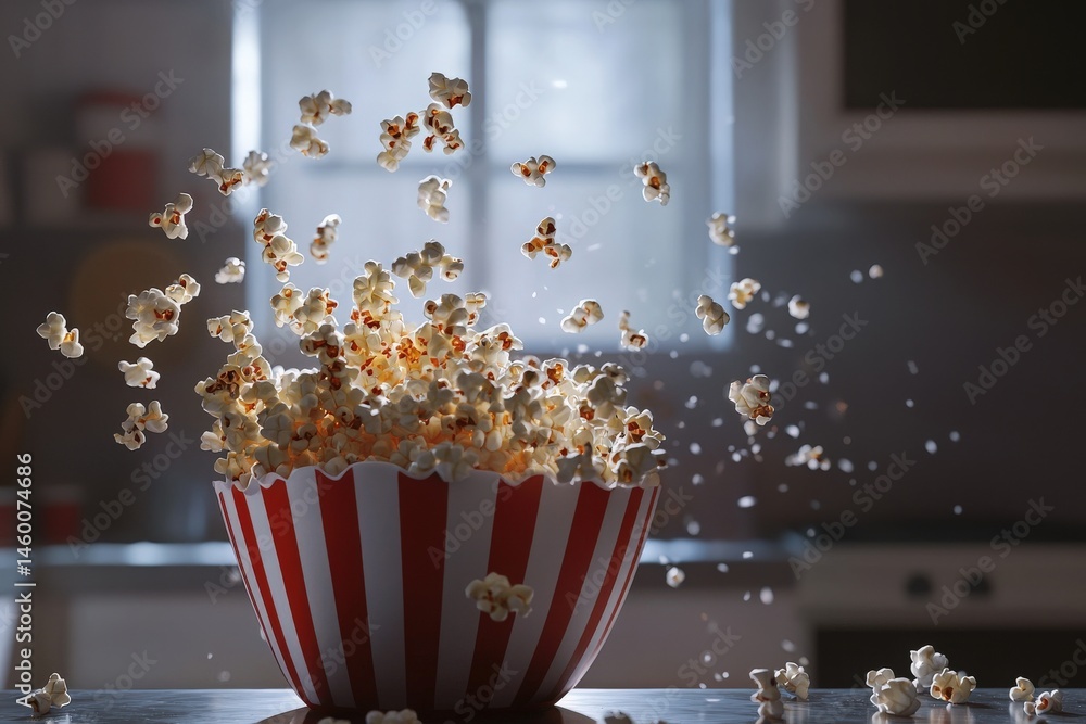 A large striped bowl filled with popcorn overflows as kernels burst into the air. The setting is a cozy kitchen with soft lighting, creating a cheerful atmosphere for snack time.