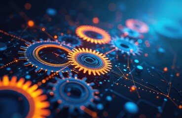 Leinwandbilder - Abstract tech illustration with interconnected blue orange gears on dark background. Mechanical, industrial, futuristic design. Tech innovations, digital transformation, engineering, computing. Data