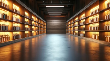 Symmetrical hallway with warm shelf lights for architectural corridor perspective design modern interior clean line