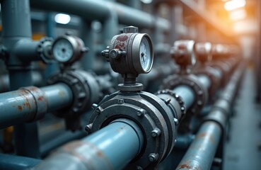Poster - Industrial automation illustration features network of sensors, devices collecting analyzing data. Plant equipment, steel pipes, gauges, valves, energy industry. Tech process monitoring.