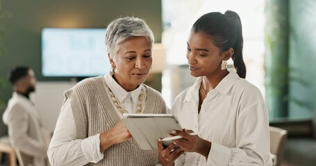 Aufkleber - Happy, business women and tablet for planning, schedule and feedback of company project in office. Smile, female person and manager for advice, consultation and help with ideas for proposal or report