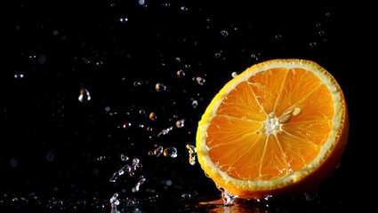 Fototapete - A slice of orange being squeezed, releasing juice droplets into the air.