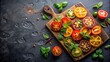 © sasiprapa - A vibrant display of sliced tomatoes on a wooden cutting board, arranged with fresh basil leaves against a dark background.