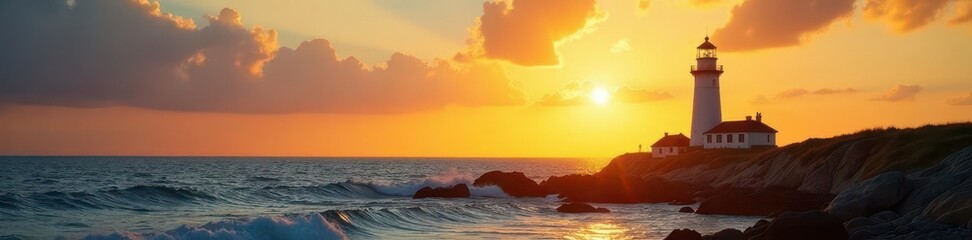 Wall Mural - golden sunlight bathes a solitary oceanfront lighthouse, casting a warm glow , sea, sunset, beach