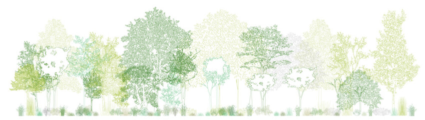 Aufkleber - Architectural Drawings, Minimal style cad tree line drawing, Side view, set of section wildlife forest outline symbol for landscape design drawing. Vector illustration in stroke fill in white.