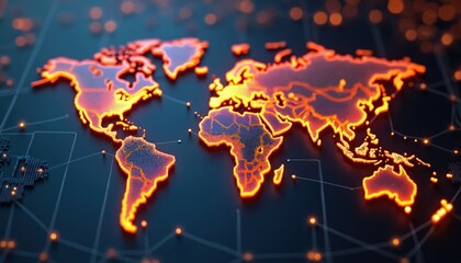 Poster - Abstract glowing world map with connecting lines, dots. Global network, communication, technology, internet, business, international trade, finance, data transfer, e-commerce, globalization.