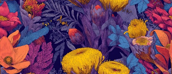 Wall Mural - Colorful floral arrangement featuring yellow orange pink purple and blue hues.