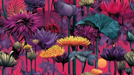 Wall Mural - Colorful flowers with long stems fill the frame against a pink background.