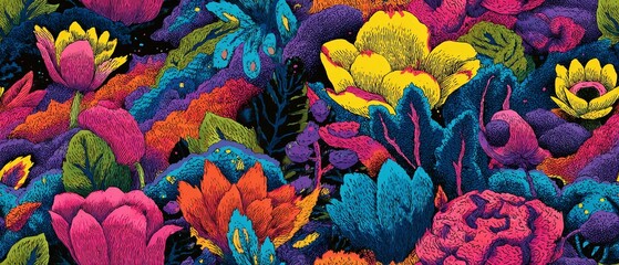 Wall Mural - Colorful abstract floral pattern with various bright flowers and leaves in close-up view.