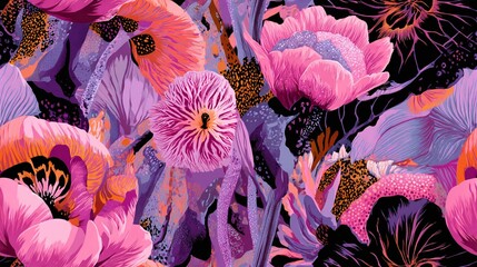 Wall Mural - Floral pattern with pink purple and orange flowers on a dark background.