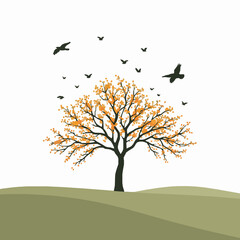 autumn tree silhouette with birds flying vector illustration