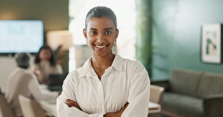 Poster - Portrait, Indian woman and confident as employee in office for career or job growth with opportunity. Female person, happy and meeting with pride or satisfied as accountant in startup company