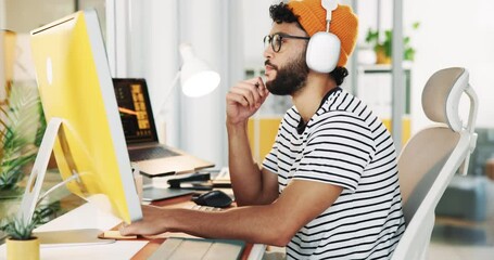 Aufkleber - Man, headphones and notebook by computer in home, writing and online course for stock market trading. Person, elearning and digital nomad by pc for graphs, monitor or notes for studying with crypto