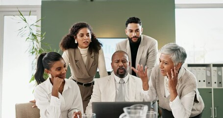 Poster - People, office and disappointed with shock on laptop for failure on deal, teamwork and collaboration. Unhappy, boardroom and sad for bad results, decline and unsuccessful on project or proposal