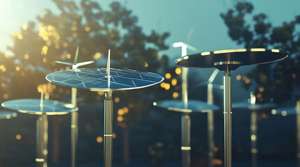 Array of solar panels and wind turbines illustrate the concept of renewable energy solutions.