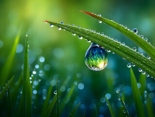 Wall Mural - Close-up of dewdrop hanging from a blade of grass