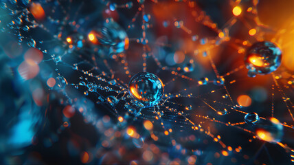 Spider web with dew drops. Water drop splash poster illustration design. Water drops splash on spiderweb molecular chain network design illustration poster