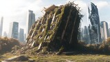 Abandoned building overgrown with vegetation in a futuristic cityscape.