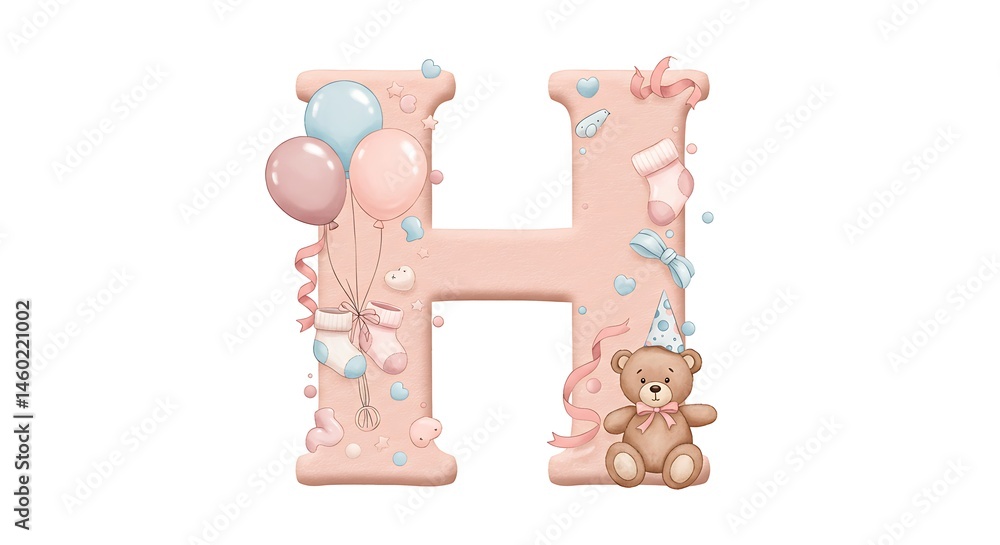 H Lettering Cute A capital letter h in a soft, cute realistic drawing style, decorated ...