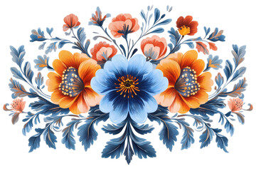 Poster - Colorful floral design featuring intricate blue and orange flowers with delicate leaves and buds suitable for various decorative uses