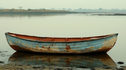  Weathered rowboat rests on calm, shallow waters, reflecting the tranquil scene