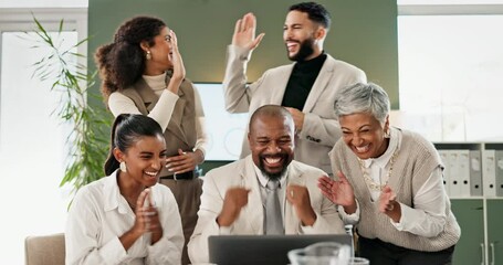 Aufkleber - People, office and happy with high five on laptop for success on deal, teamwork and collaboration. Clap hands, boardroom and excited for business achievement with celebration on project or proposal