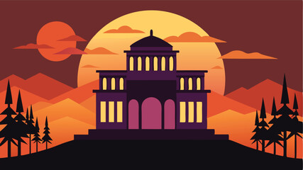 Poster - Vector illustration of modern architecture against an orange sunset with silhouette trees and mountains in the background