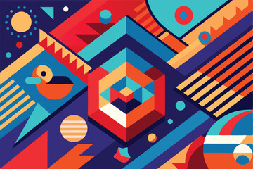 Poster - Colorful geometric vector illustration featuring abstract shapes, patterns, and celestial elements in a vibrant, modern design suitable for art and decoration