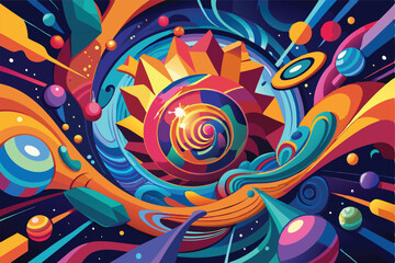 Leinwandbilder - Dynamic vector illustration of a vibrant tunnel filled with colorful shapes and swirling patterns depicting a journey through an abstract space