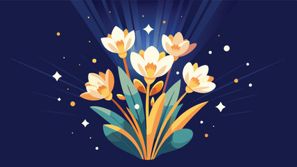 Poster - Bright floral vector illustration showcasing vibrant flowers against a blue background with rays of light and soft clouds, perfect for decorative use in various projects