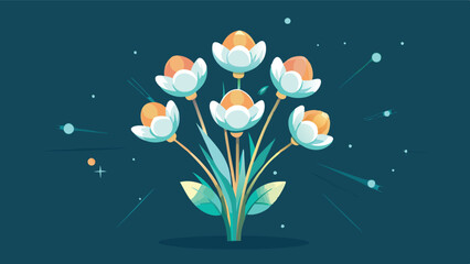 Poster - Bright floral vector illustration showcasing vibrant flowers against a blue background with rays of light and soft clouds, perfect for decorative use in various projects