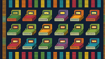 Poster - Retro gaming clipart featuring various colorful cartridge designs on a vibrant background