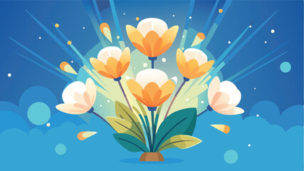 Poster - Bright floral vector illustration showcasing vibrant flowers against a blue background with rays of light and soft clouds, perfect for decorative use in various projects