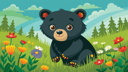 Poster - Cute black bear cub sitting in a colorful meadow surrounded by wildflowers under a bright blue sky during a sunny day