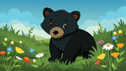 Poster - Cute black bear cub sitting in a colorful meadow surrounded by wildflowers under a bright blue sky during a sunny day