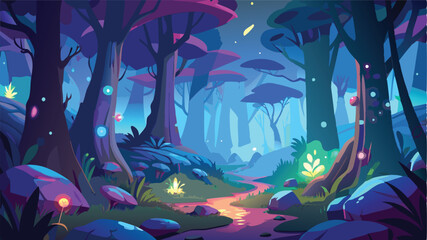Aufkleber - Mysterious forest pathway illuminated by glowing plants and ethereal light in a vibrant vector illustration