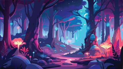 Aufkleber - Mysterious forest pathway illuminated by glowing plants and ethereal light in a vibrant vector illustration