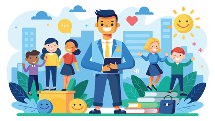Aufkleber - Vector illustration of happy office workers collaborating, showcasing teamwork and motivation in a vibrant workspace filled with plants and colorful elements