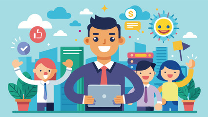 Aufkleber - Vector illustration of happy office workers collaborating, showcasing teamwork and motivation in a vibrant workspace filled with plants and colorful elements