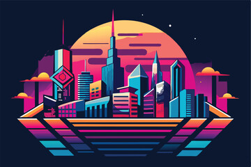 Aufkleber - Vibrant vector illustration showcasing a futuristic city skyline at dusk with colorful geometric designs and dynamic shapes against a dark background