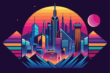Aufkleber - Vibrant vector illustration showcasing a futuristic city skyline at dusk with colorful geometric designs and dynamic shapes against a dark background
