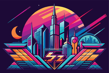 Aufkleber - Vibrant vector illustration showcasing a futuristic city skyline at dusk with colorful geometric designs and dynamic shapes against a dark background